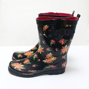 Capelli New York Rain Boots Ladies Shiny Lined Cozy Rubber Floral Print Size 10